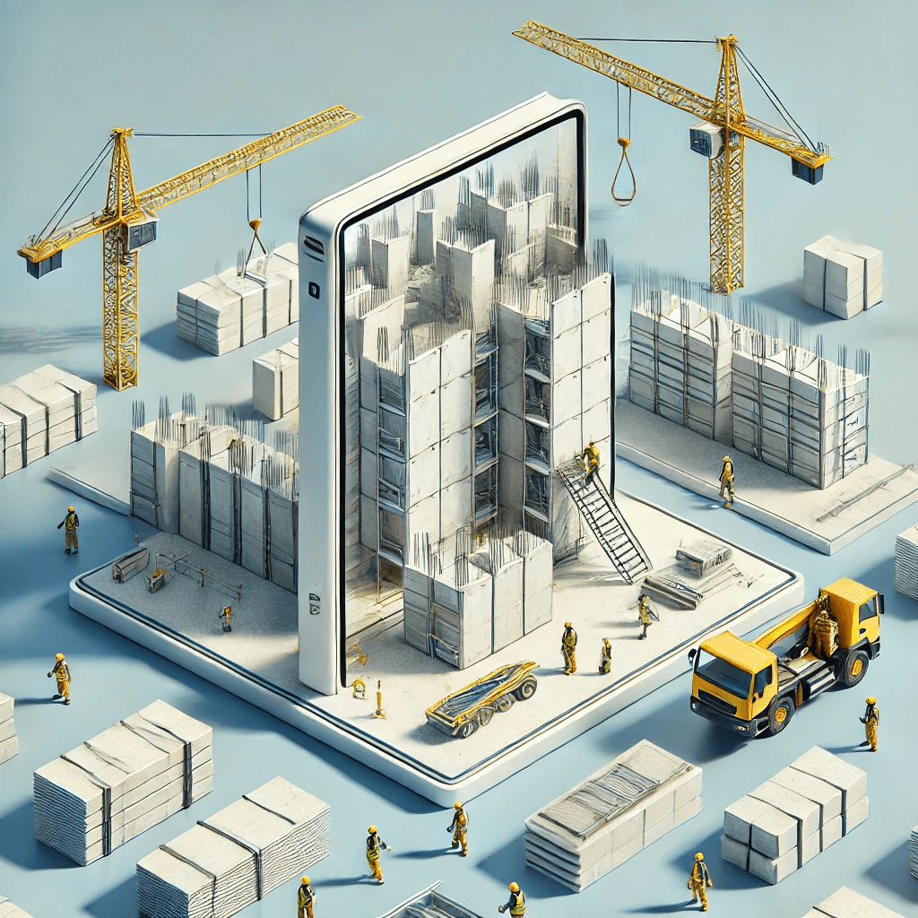 Modern byggarbetsplats där prefab väggelement monteras med hjälp av kranar. Arbetare i säkerhetsutrustning syns på plats, och betongelement är staplade i bakgrunden. Fokus på effektivitet och innovation inom byggteknik.